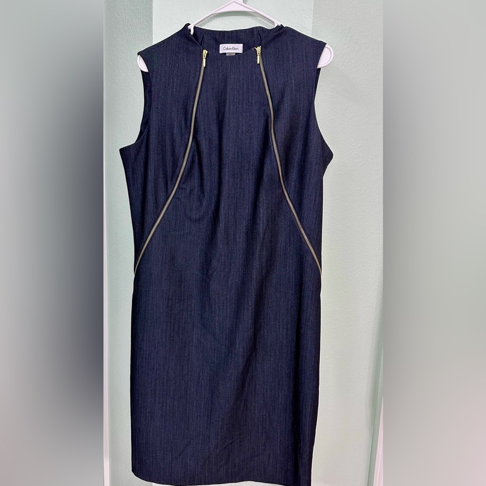 Refined denim look shift dress with gold zippers, Sz 14